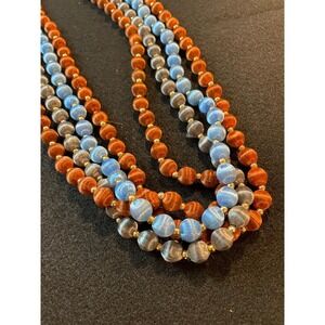 Silk Bead Necklace Set of 4 Vintage 70s Long Strand Layered Orange Blue Gray